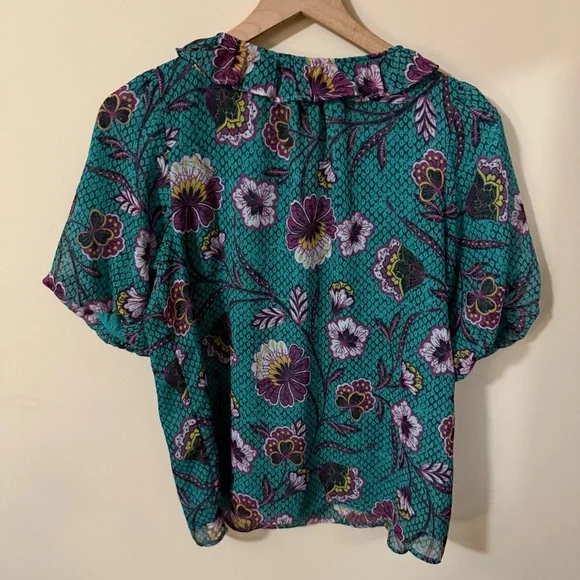 Loft Womens Blue Green Floral Short Sleeve Blouse Size Small Tie in front - Picture 2 of 6